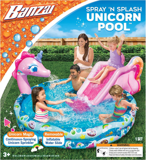 BANZAI Spray 'N Splash Unicorn Pool, Inflatable Outdoor Backyard Water Slide, 78 in Length