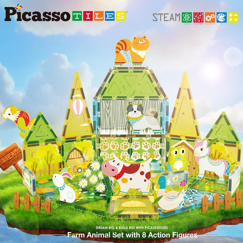 PicassoTiles 8 Character Farm Animal Toy Set with Magnetic Tiles, STEM Learning Kit for Kids Age 3+ PTQ17