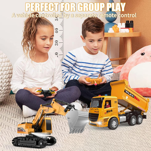 MQDMINI Set 3-12 Remote Control Excavator and Dump Truck Toy - RC Construction Vehicles Toy with Barricades, Road