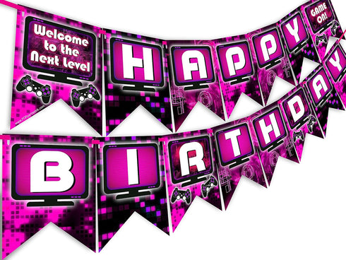 Gaming Party Happy Birthday Banner - Video Game Party Supplies - Gaming Pink Decorations