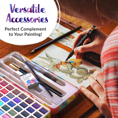Watercolor Paint Set - 50 Travel Watercolors, Paint for Adults, Kids, Beginners, Palette with Paper, Brush, Art Supplies