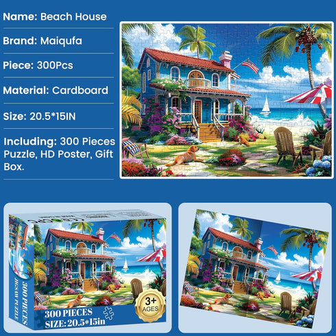 300 300 20.5*15 inch Pieces Puzzle for Adults | Beach House Puzzle | Recycled Cardboard Large Piece Jigsaw Puzzles