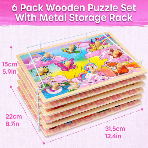 1-3, 6XSET 1-3 2-4 SYNARRY Wooden Puzzles for Toddlers Toddlers Puzzles Ages with Rack, Learning Alphabet Number Shape