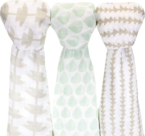 Muslin Cotton Baby Swaddle Blankets, Large 3 Pack Green Brown Hand-Drawn Designs