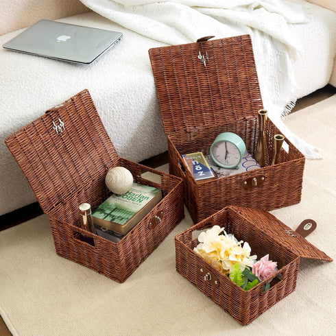 Set of 3 Woven Wicker Storage Baskets with Lid & Lock, Multifunctional Organizer for Nursery, Baby, Clothes