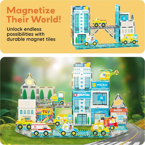 Set 8 3 PTQ14 PicassoTiles Metro City Hospital Magnetic Tile Building with Vehicles and Figures Educational Magnet