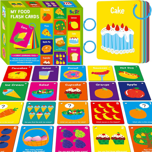 Food Flashcards, 50 Double-Sided Cards, Veggies, Fruits, Snacks, Desserts, Grain Cards Educational
