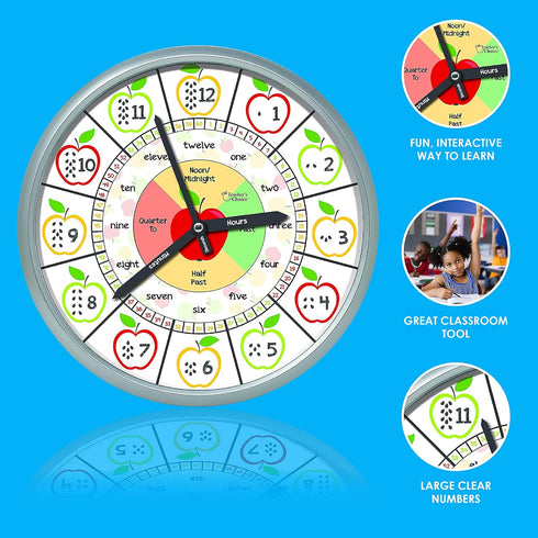 Educational Silent Movement Wall Clock for Teacher's Classrooms and Kid's Bedrooms (Silver/Multicolor Apple)