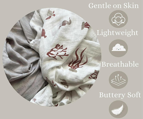 Set) LEYL&ARI Muslin Swaddle Blanket | Receiving Blankets for Baby Boy Girl | Under The Sea Friends (Grey