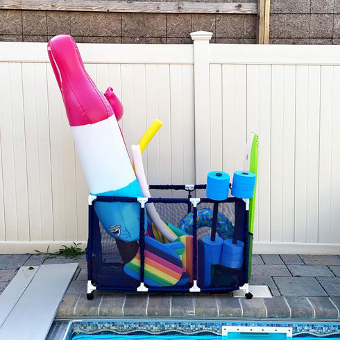 Pool Noodles Holder, Mesh Rolling Storage Organizer Bin for Toys, Balls, and Floats, Kids Height, Large (Blue/White