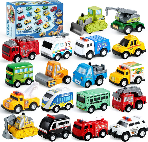 JOYIN 18 Pcs Pull Back City Cars and Trucks Toy Vehicles Set,