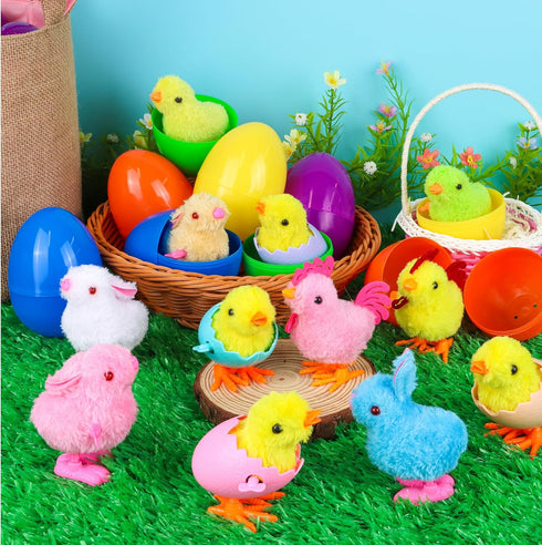 12 Pack Grastfu Jumbo Easter Eggs Filled Wind Up Toys, Colorful Plastic Egg with Wind Up Jumping Chicks Bunny Plush