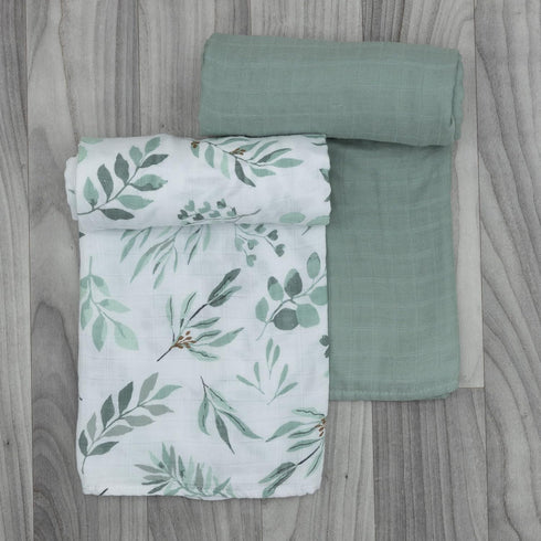 2 Pack 47" 47" Organic Baby Muslin Swaddle Blankets for Boy or Girl - Eucalyptus Leaves and Sage Swaddling Blanket