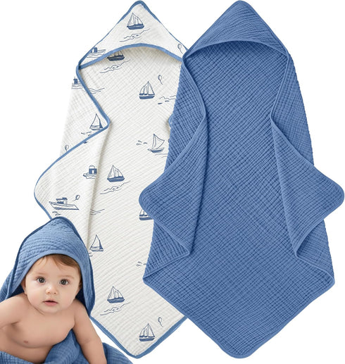 Muslin Hooded Baby Towels for Newborns, 32"x32", 100% Cotton 6 Layers Super
