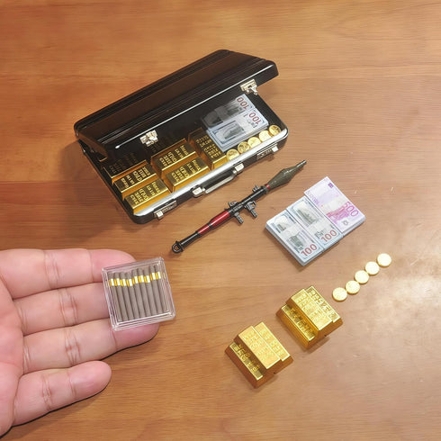 EKKZ 1:6 Set Scale Miniature Black Briefcase with Fake Gold Bars, Mini Dollar Bill Bundles, Vintage Coins & Toy Weapons
