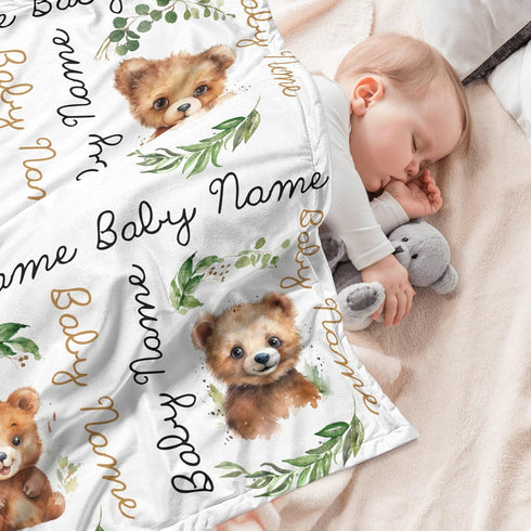 Novusopt 30x40 Custom Baby Blanket with Name, Personalized Bear Blanket for Girl Boy, Kids Swaddle Blanket
