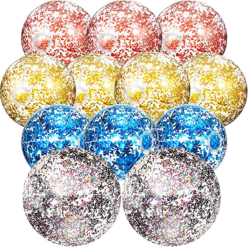 Lewtemi 12 Pcs Inflatable Glitter Beach Balls, Clear Confetti Jumbo Pool Toys for Outdoor Party Decorations