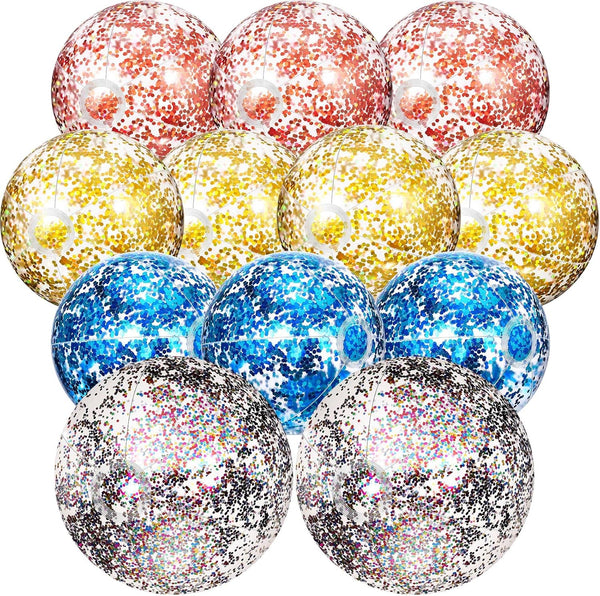 Lewtemi 12 Pcs Inflatable Glitter Beach Balls, Clear Confetti Jumbo Pool Toys for Outdoor Party Decorations