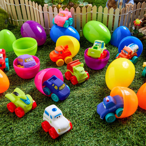 12 JOYIN Pcs Easter Eggs with Toys, Plastic Eggs with Rubber Cars, Basket Stuffers, Party Favors for Toddlers and Kids