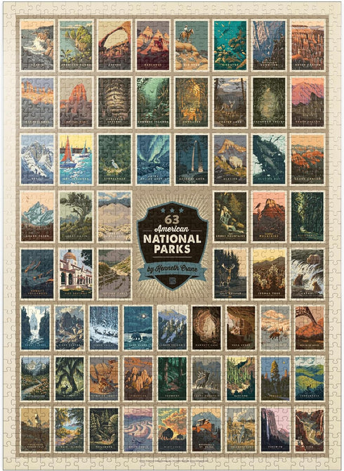 MyPuzzle 63 American National Parks: Vintage Poster by Kenneth Crane - Premium 1000 Piece Jigsaw Puzzle for Adults