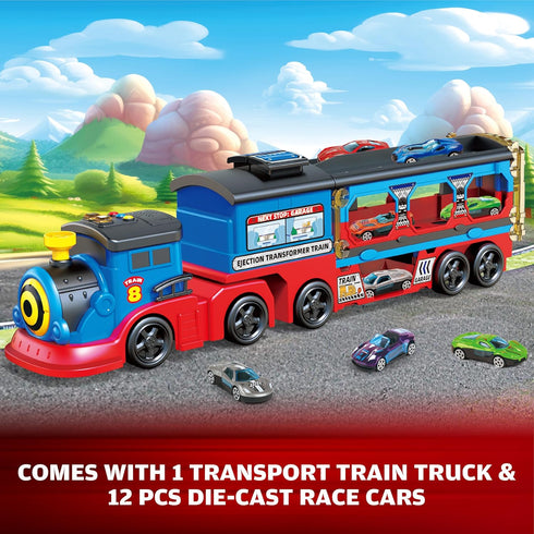 BuddyBight Set 2-4, w/54 Inch 12 Set 4-8 3+ Train for Toddlers Carrier Toy Trucks Foldable Race Track, Diecast Cars