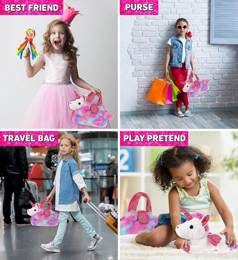 DolliBu Cotton Candy Pink Unicorn Plush Toy Pet Carrier, Cute Stuffed Animal Purse for Girls with Removable Sparkly Toy
