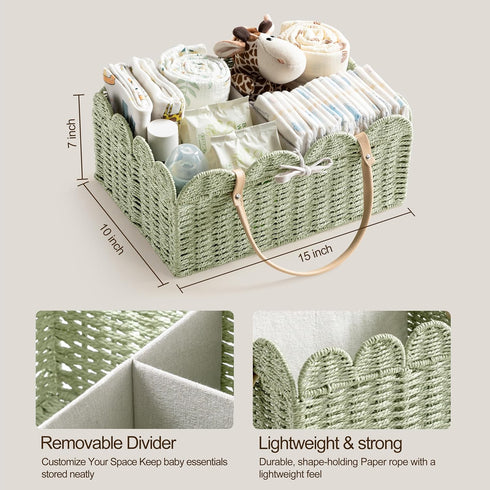 HBlife Large Baby Diaper Caddy, Paper Rope Scalloped Storage Baskets Nursery Bin with Removable Divider, Portable Car