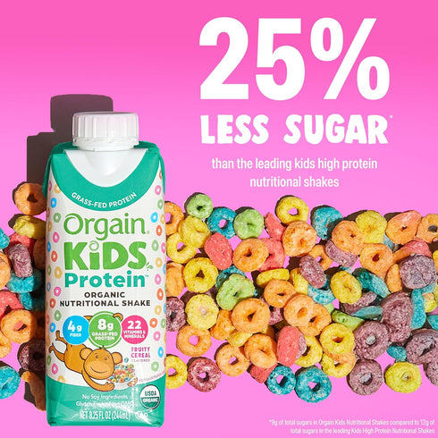 8g 22 8.25 Oz (Pack 12) Orgain Organic Kids Nutritional Protein Shake, Fruity Cereal - Kids Snacks with Dairy Protein