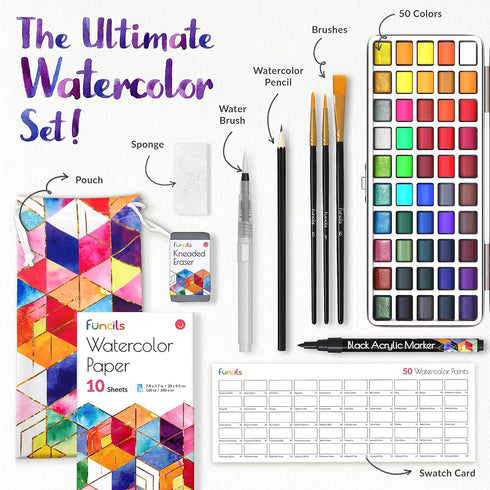 Watercolor Paint Set - 50 Travel Watercolors, Paint for Adults, Kids, Beginners, Palette with Paper, Brush, Art Supplies
