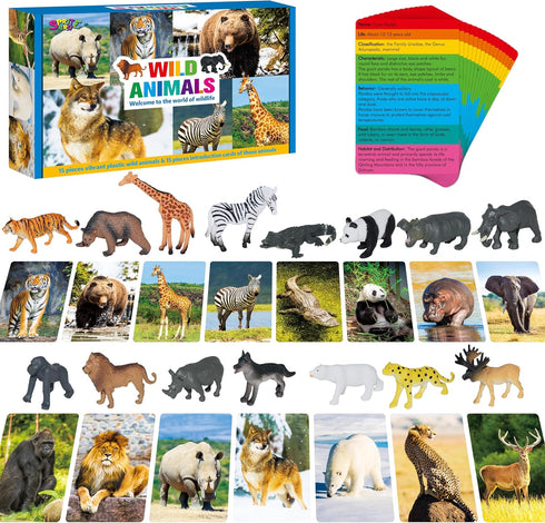 15 PCS Safari Animal Figurines with 15 Flashcards, Realistic Zoo Animal Figures, Montessori Educational Matching Game