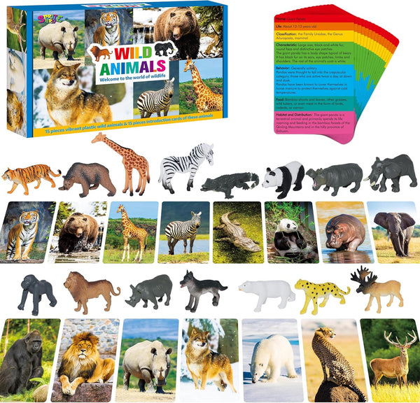 15 PCS Safari Animal Figurines with 15 Flashcards, Realistic Zoo Animal Figures, Montessori Educational Matching Game