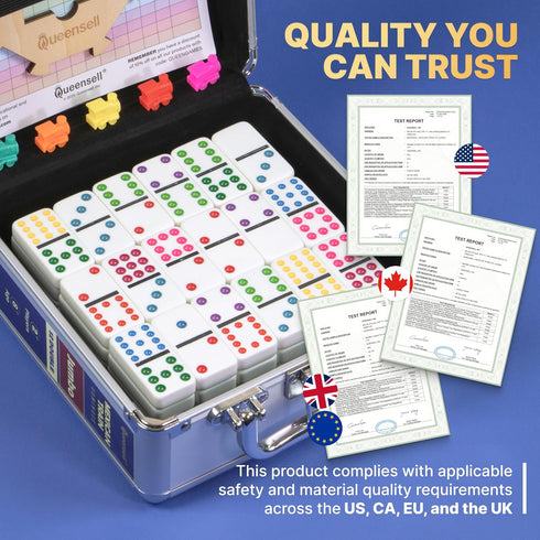 Set 12 Set 91 Queensell Mexican Train Dominoes Double Jumbo Dominoes for Adults, Tiles with Colorful Dots, Wooden Hub