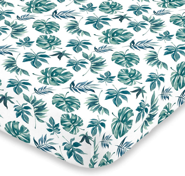 NoJo Super Soft Green & White Palm Leaf Mini Crib Fitted Sheet for Nursery