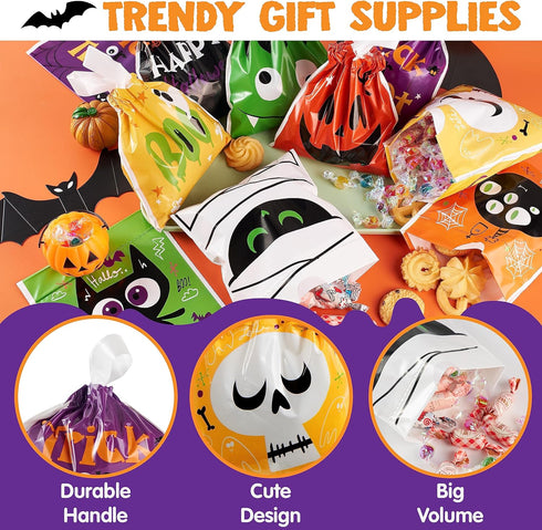JOYIN 108 PCS Halloween Drawstring Treat Bags with 9 Character Designs, Mini Goodie Candy Bags for Kids Trick or