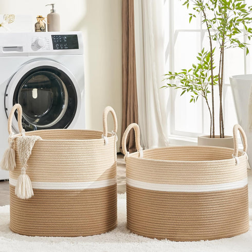 (18"x18"x16"),Woven KAKAMAY Large Blanket Basket Baby Laundry Hamper for Storage, Cotton Rope Blankets Baskets