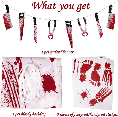 Halloween Scary Decorations Set: Horror Banner, No One Leave Backdrop, Bloody Footprints, Handprints Floor Clings,