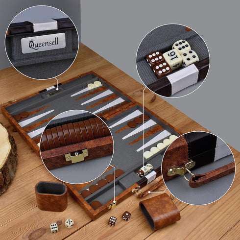 Backgammon Sets for Adults, Leather Board Games for Travel, 15 Inch Board with 32 Pieces in Quality Set