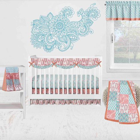 Bacati Paisley Sophia Aqua/Coral Rod Pocket Window Valance