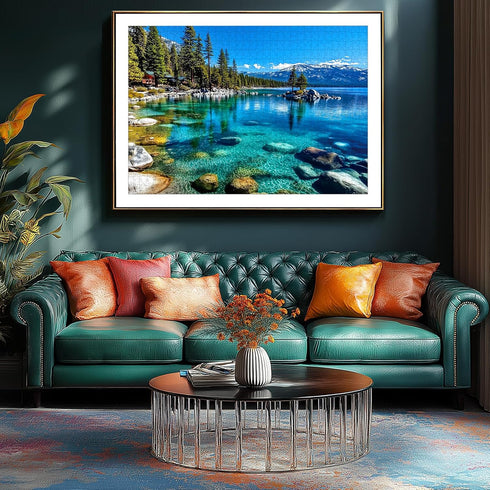 1000 Landscape Jigsaw Puzzle Pieces Lake Tahoe Scenery with Clear Turquoise Waters, Snow-Capped Mountains & Pine
