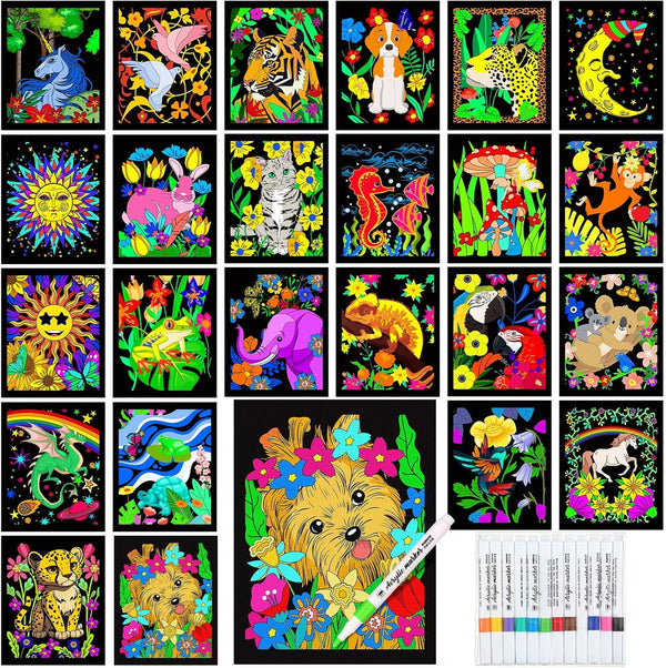 Zhanmai Pack of 48 Velvet Coloring Posters and Acrylic Paint Marker Animal Fuzzy
