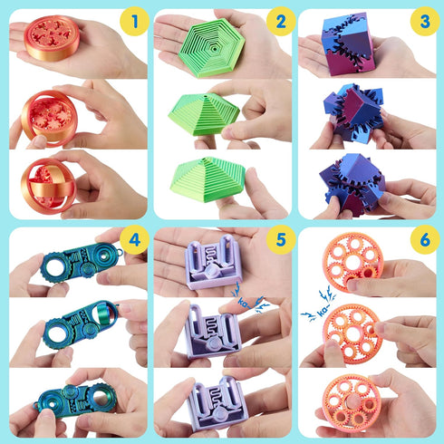 6PCS 3D 3D JOYIN Printed Fidget Toys, Spin Fractal Click Gear Fidget Toy, Metallic Color Printed Fidget Toy for Favors