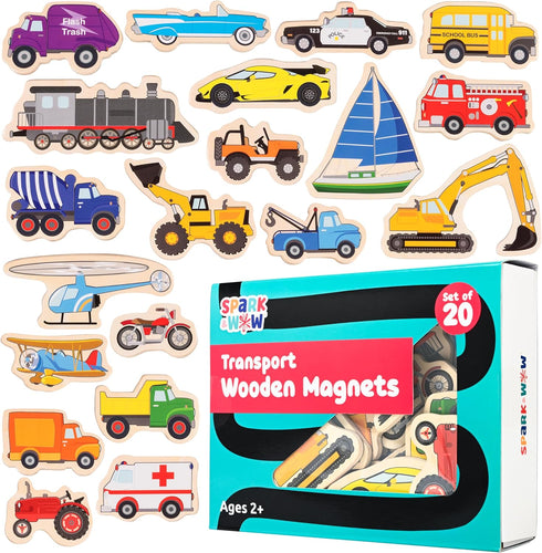 SPARK & WOW Wooden Transport Magnets Set of 20, Cute Transportation Magnets for Kids Ages 2+ for Fridges and Whiteboards