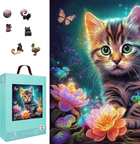 Wooden Puzzles - Kitten in Dream 200 Piece Wooden Jigsaw Puzzle, Unique Luxurious Gift for Adults and Kids