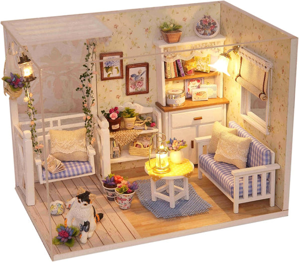 Ogrmar Wooden Dollhouse Miniatures DIY House Kit with Cover and Led Light-Cat