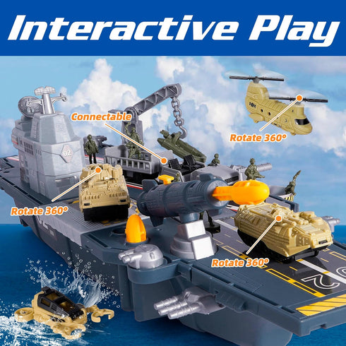 10 Military Aircraft Carrier Toys, Army Toys with Vehicles, Fighter Jet Helicopter Tanks and Army Men Action Figures