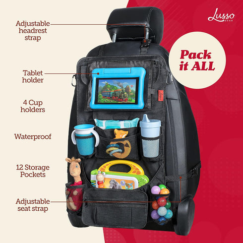 12 Lusso Gear Backseat Car Organizer- Kick Mat Protects Against Kids Feet - Large Storage Pockets - iPad,Tablet, Water