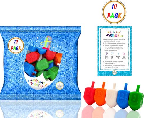 The Dreidel Company 10-Pack Multi-Color Plastic Hanukkah Dreidels with English Transliteration & Game Instructions
