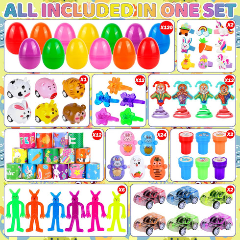 PURPERCAT 360 Set, 120 240 Pcs Easter Prefilled Egg Plastic Eggs with Mini Toys & Stickers Easter Hunt Basket Stuffers