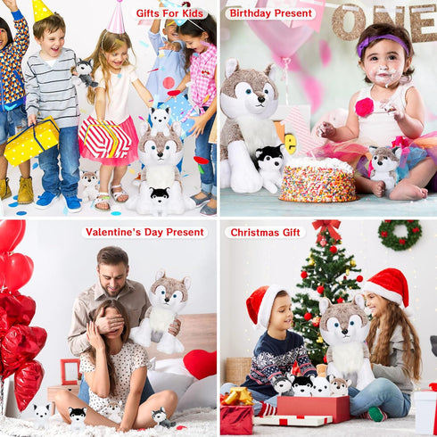 5PCS Wolf Plush Toys, 13.4 Inch Wolf Mom with Mini Babies, Stuffed Animal Family Set for Girls Boys Christmas