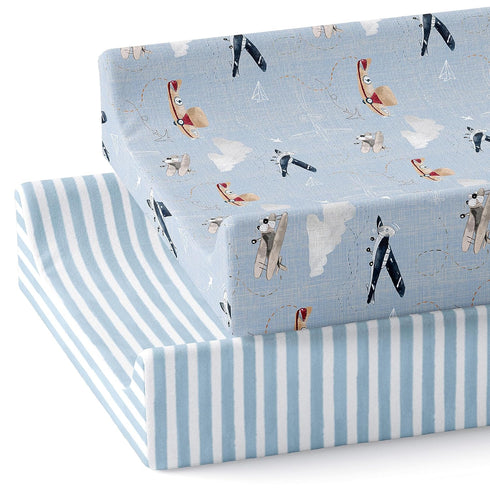 2-Pack Baby Changing Pad Cover for Boys, Girls (Watercolor Airplanes and Clouds) - Premium Fitted Sheets Baby Diaper
